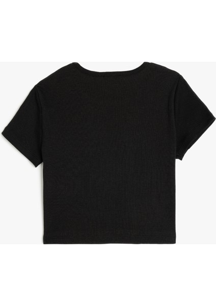 Ayıcık Baskılı Bisiklet Yaka Kısa Kollu Pamuklu Crop Tişört fiyatları