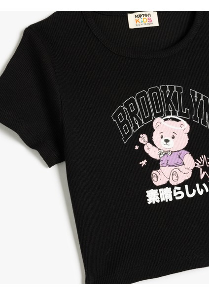 Ayıcık Baskılı Bisiklet Yaka Kısa Kollu Pamuklu Crop Tişört modelleri