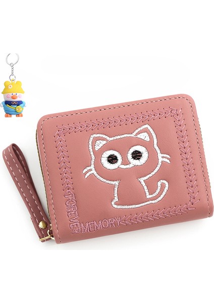 Basit ve Sevimli Kedi Yavru Para Cüzdanı Nakış Büyük Kapasiteli Madeni Para Çanta Fermuarlı Kısa Kız Cüzdanı Cüzdanı (Yurt Dışından)
