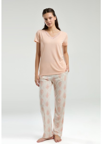 Kadın Somon Kısa Kol Pijama Takımı