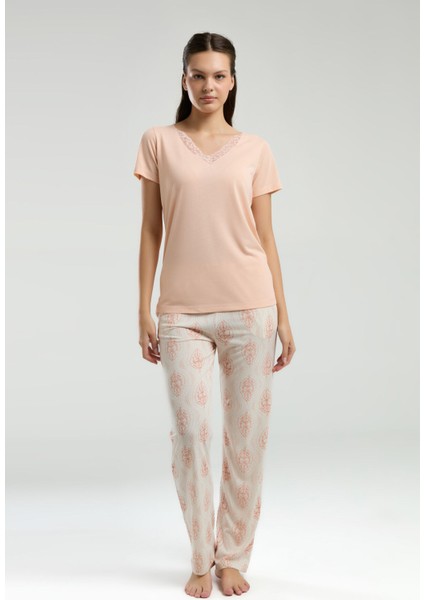 Kadın Somon Kısa Kol Pijama Takımı