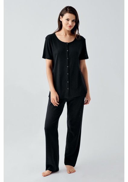Kısa Kollu Ajurlu Düğmeli Esnek Pamuklu Pijama Takım