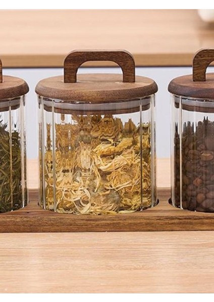 3'Lü Borosilikat Cam Akasya Stantlı Akasya Kapaklı Çizgili Baharatlık 600 Ml