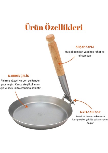 Tantobuscraft Katlanır Karbon Çelik Kamp Tavası-Isveç Üretimi(Ahşap Sap)