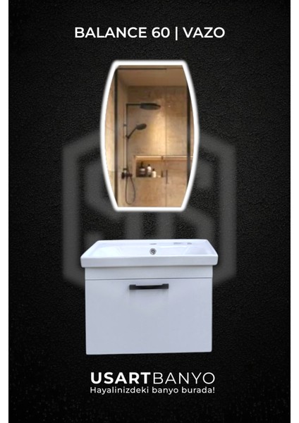 Balance 60 cm Beyaz Banyo Dolabı, Vazo Beyaz LED Ayna 80 x 50 cm