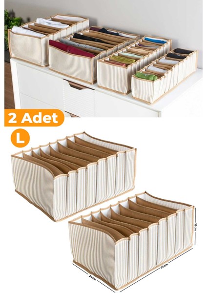 2 Adet - 8 Gözlü Çekmece Içi Bej Çizgili Düzenleyici Organizer - Large