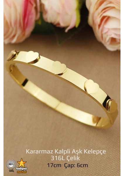 316 L Gold Kalpli Aşk Kelepçe Çelik Bileklik - HMÇB-0022 fırsatları