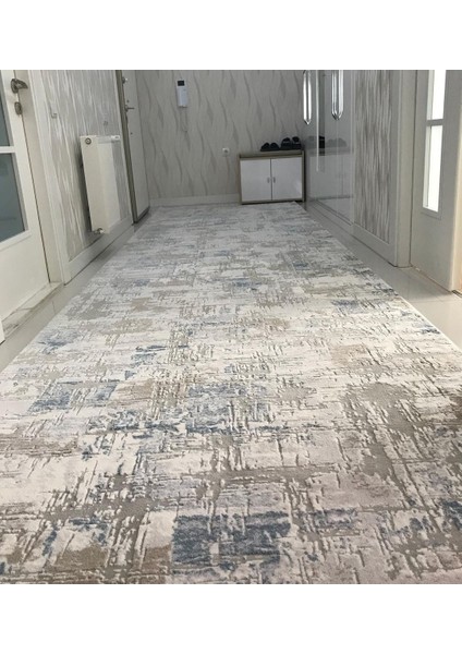 Sofia Gri Halı Bej Lacivert Detaylı Modern Desen Akrilik Tozuaz Salon Halısı Yatak Odası Halısı