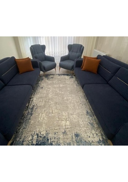 Sofia Gri Halı Lacivert Detaylı Modern Akrilik Iplik Tozuaz Salon Halısı