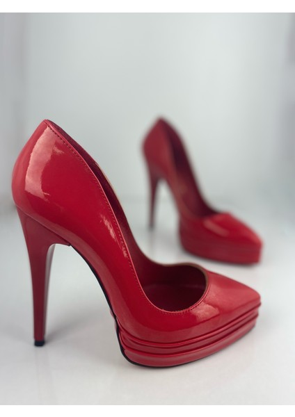 Kırmızı Rugan Çift Platform Stiletto Topuklu Ayakkabı fırsatları