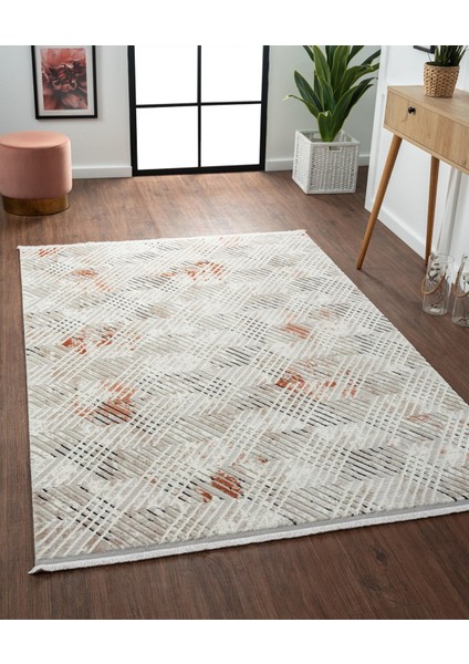 Sofia Gri Halı Siyah ve Kiremit Detaylı Geometrik Desenler Modern Akrilik Tozu Az Salon Halısı