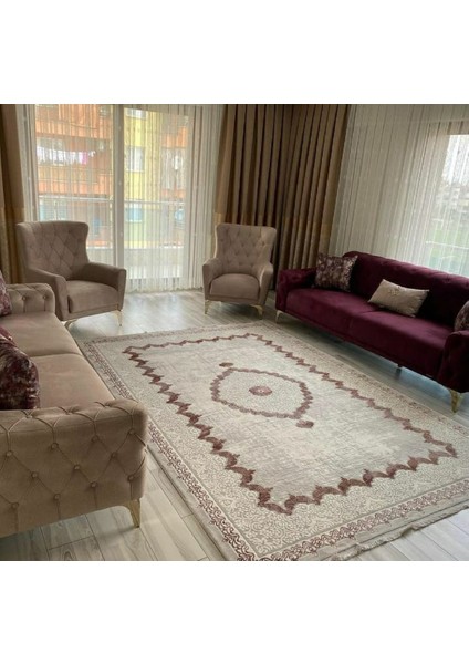 Sofia Gri Halı Lila Detaylı Kenar Çerçeveli Göbekli Modern ve Klasik Tasarım Salon Halısı