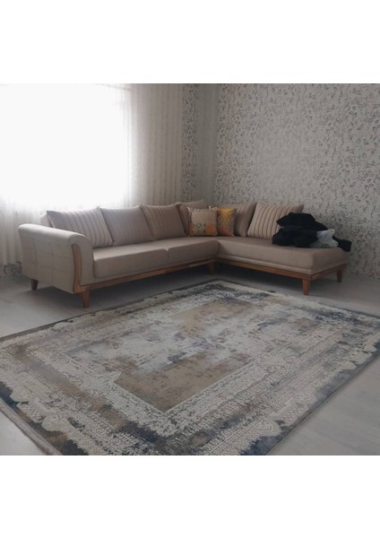 Sofia Gri Halı Mavi Detaylı Kenar Çerçeveli Eskitme Desenli Modern Akrilik Tozuaz Salon Halısı
