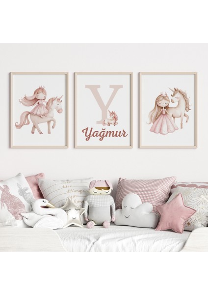 Unicorn Prenses 3'lü Isim Tablo Seti, Bebek ve Çocuk Odası Tablosu, Çocuk Tablosu