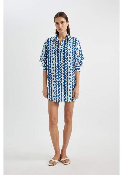 Desenli Poplin Plaj Gömleği-Fall in Love Z4856AZ24SM