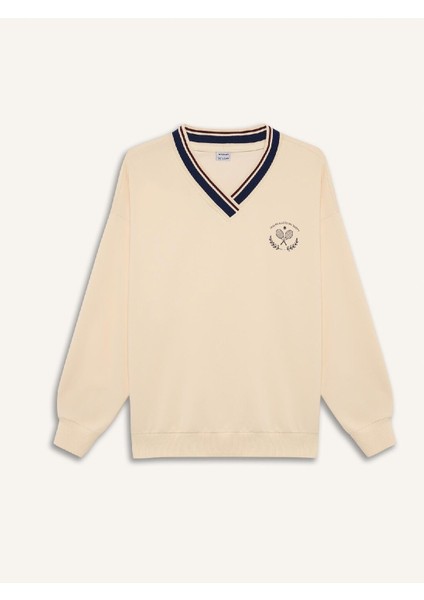 DeFacto Fit Oversize Geniş Kalıp V Yaka Baskılı Sporcu Sweatshirt D7135AX25SP