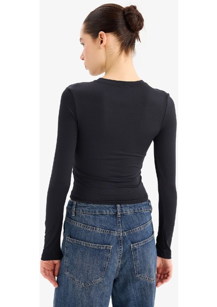 Fitted Bisiklet Yaka Basic Düz Uzun Kollu Tişört