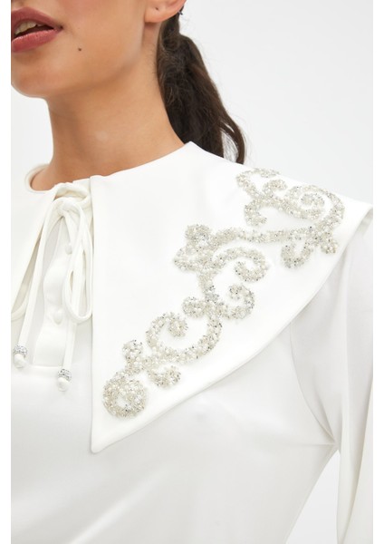 Parıltılı Işlemeli Zarif Yaka Tasarımlı, Balon Kollu Şık Bluz - Özel Günler ve Günlük Kullanım Için Ideal