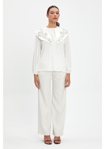 Parıltılı Işlemeli Zarif Yaka Tasarımlı, Balon Kollu Şık Bluz - Özel Günler ve Günlük Kullanım Için Ideal fırsatları