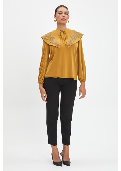 Parıltılı Işlemeli Zarif Yaka Tasarımlı, Balon Kollu Şık Bluz - Özel Günler ve Günlük Kullanım Için Ideal fiyatları