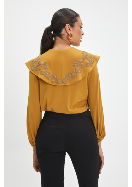 Parıltılı Işlemeli Zarif Yaka Tasarımlı, Balon Kollu Şık Bluz - Özel Günler ve Günlük Kullanım Için Ideal fırsatları