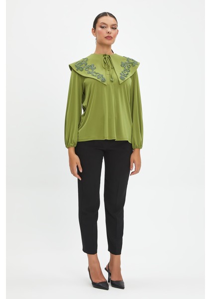 Parıltılı Işlemeli Zarif Yaka Tasarımlı, Balon Kollu Şık Bluz - Özel Günler ve Günlük Kullanım Için Ideal fiyatları