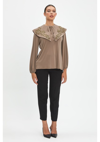 Parıltılı Işlemeli Zarif Yaka Tasarımlı, Balon Kollu Şık Bluz - Özel Günler ve Günlük Kullanım Için Ideal fiyatları