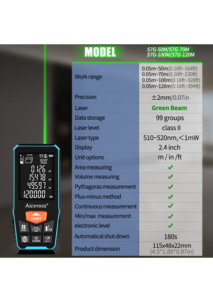 Aicevoos Yeşil Işın Dijital Lazer Mesafe Ölçer 50M70M100M120M Yeşil Işık Lazer Mesafe Ölçer Trena Lazer Ölçüm Bandı Rulet (Yurt Dışından) modelleri