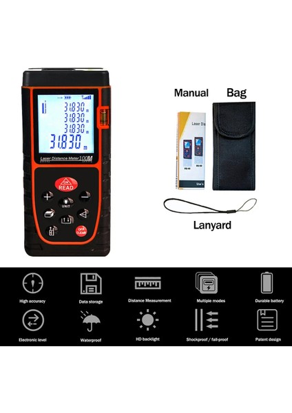 Lazer Mesafe Ölçer 40M 60M 80M 100M Mesafe Ölçer Bant Mesafe Ölçer Yapı Ölçüm Cihazı Cetvel Test Aracı (Yurt Dışından)