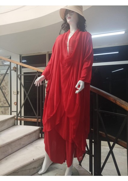 Italyan Ipek Detaylı Oversize Sonsuzluk Kaftan Bluz- Asimetrik Pantolon Takım