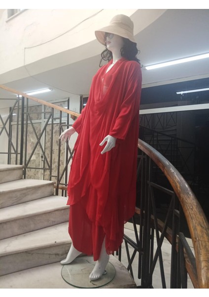 Italyan Ipek Detaylı Oversize Sonsuzluk Kaftan Bluz- Asimetrik Pantolon Takım