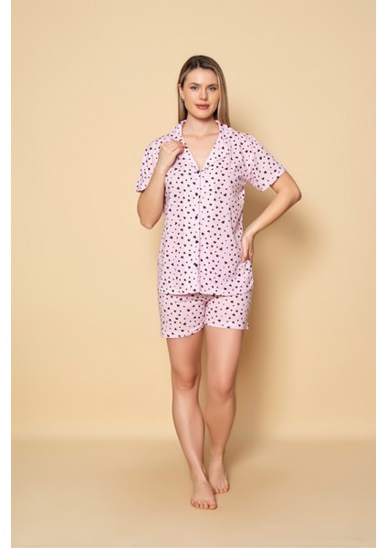 Kadın Önden Düğmeli Pijama Takımı Kalp Baskılı fiyatları