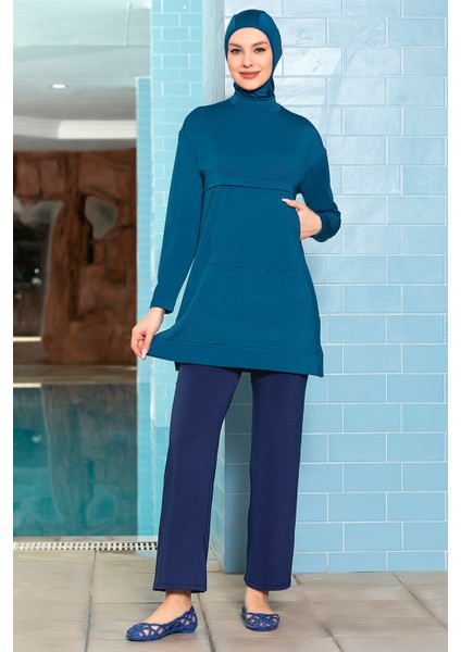 Önü Cepli Likralı Tam Kapalı Tesettür Mayo 1254 Petrol fırsatları