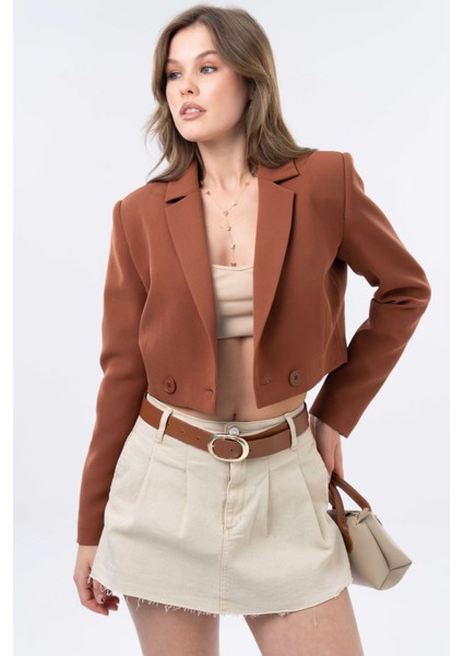 Kahverengi Kruvaze Crop Blazer Ceket