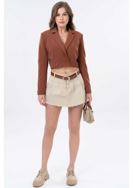 Kahverengi Kruvaze Crop Blazer Ceket