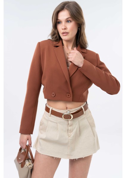 Kahverengi Kruvaze Crop Blazer Ceket