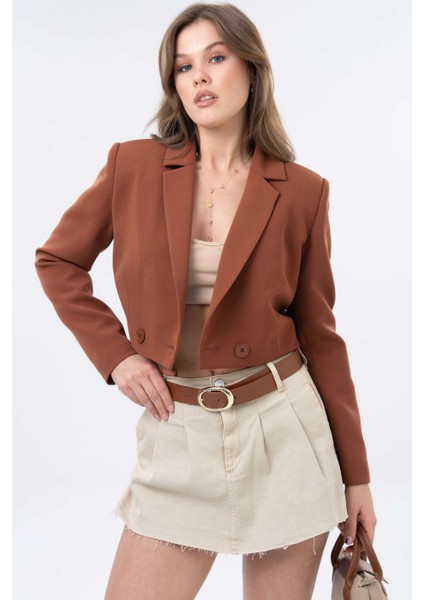 Kahverengi Kruvaze Crop Blazer Ceket