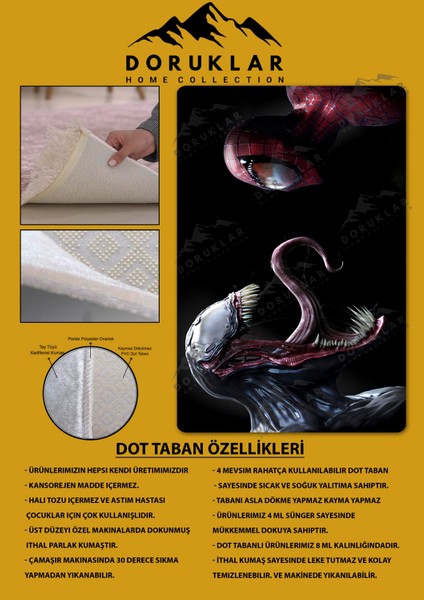 Kaymaz Taban Makinada Yıkanabilir Dijital Baskı Spiderman Venom Desenli Genç Odası Halısı Dot Taban Halı GNC75