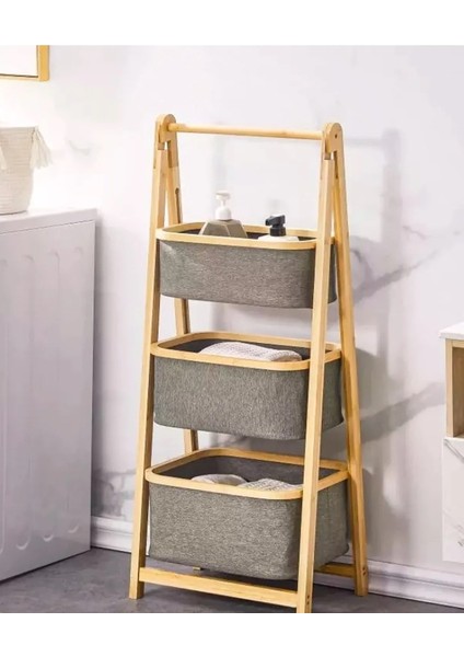 3 Katlı Bambu Katlanır Ayaklı Mutfak, Banyo Organizeri, Patates Soğan Sepeti, Çamaşır Sepeti
