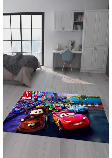Kaymaz Taban Makinada Yıkanabilir Dijital Baskı Şimşek Mcqueen Desenli Genç Odası Halısı Dot Taban Halı GNC58