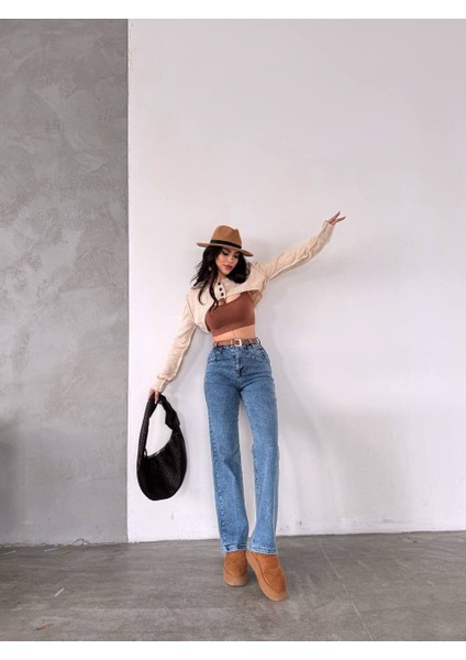 Yüksek Bel Detay Pens Detaylı Deri Kemerli Likralı Palazzo Pantolon