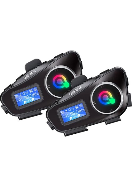 2 Adet Q58-MAX Radyolu Telsiz Özellikli 2 Kişi Bağlantılı Bluetooth Kask Kulaklık Ekranlı Fenerli Müzik ve Intercom