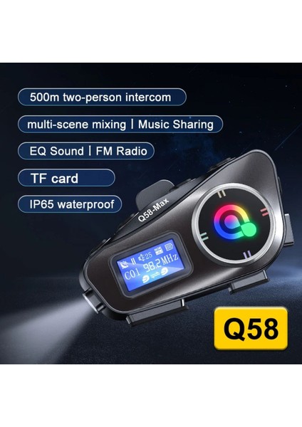 2 Adet Q58-MAX Radyolu Telsiz Özellikli 2 Kişi Bağlantılı Bluetooth Kask Kulaklık Ekranlı Fenerli Müzik ve Intercom