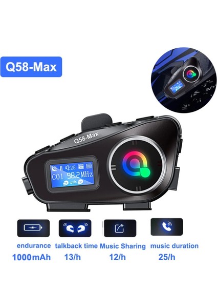 2 Adet Q58-MAX Radyolu Telsiz Özellikli 2 Kişi Bağlantılı Bluetooth Kask Kulaklık Ekranlı Fenerli Müzik ve Intercom