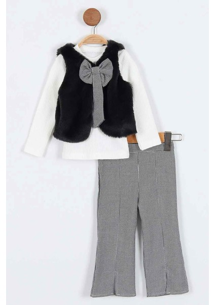Kürk Yelekli Fiyonk Detaylı Yırtmaçlı Kız Çocuk 3 lü takım - Siyah