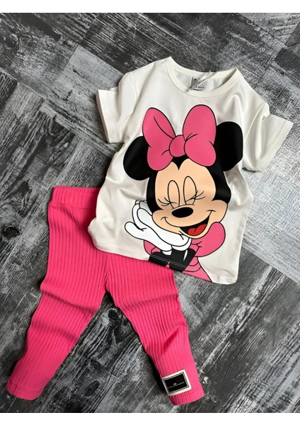 Minnie Mouse Çiçekli Fitilli Yüksek Kalite Bebek Çocuk Kız Kapri Tayt Takım