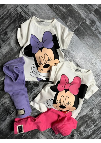 Minnie Mouse Çiçekli Fitilli Yüksek Kalite Bebek Çocuk Kız Kapri Tayt Takım