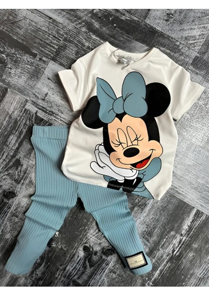 Minnie Mouse Çiçekli Fitilli Yüksek Kalite Bebek Çocuk Kız Kapri Tayt Takım