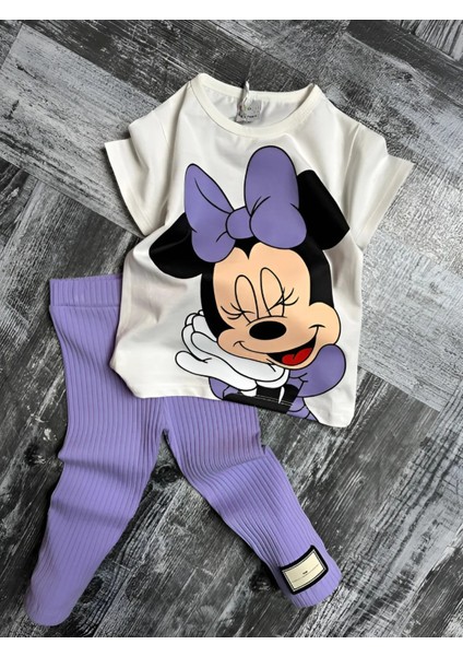 Minnie Mouse Çiçekli Fitilli Yüksek Kalite Bebek Çocuk Kız Kapri Tayt Takım