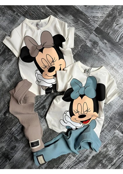 Minnie Mouse Çiçekli Fitilli Yüksek Kalite Bebek Çocuk Kız Kapri Tayt Takım